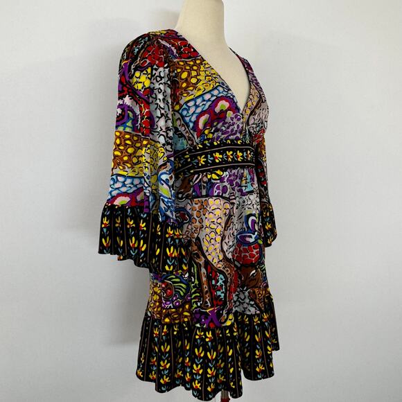 Betsey Johnson Vintage Bambi Printed Surplice Mini Dress 90s Flared Sleeve 6 - Picture 5 of 11
